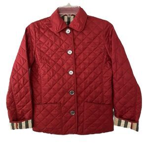 BURBERRY Quilted Jacket Girls Size 12 Red Nova Check Lined Button Front Coat